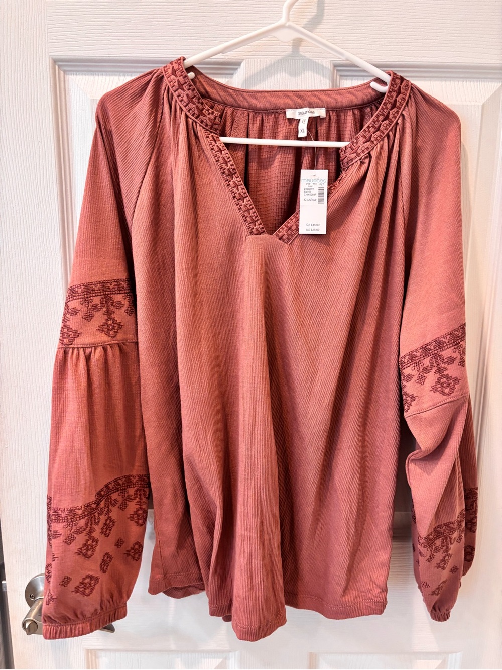 Maurices Rosewood Embroidered V-Neck Peasant Blouse